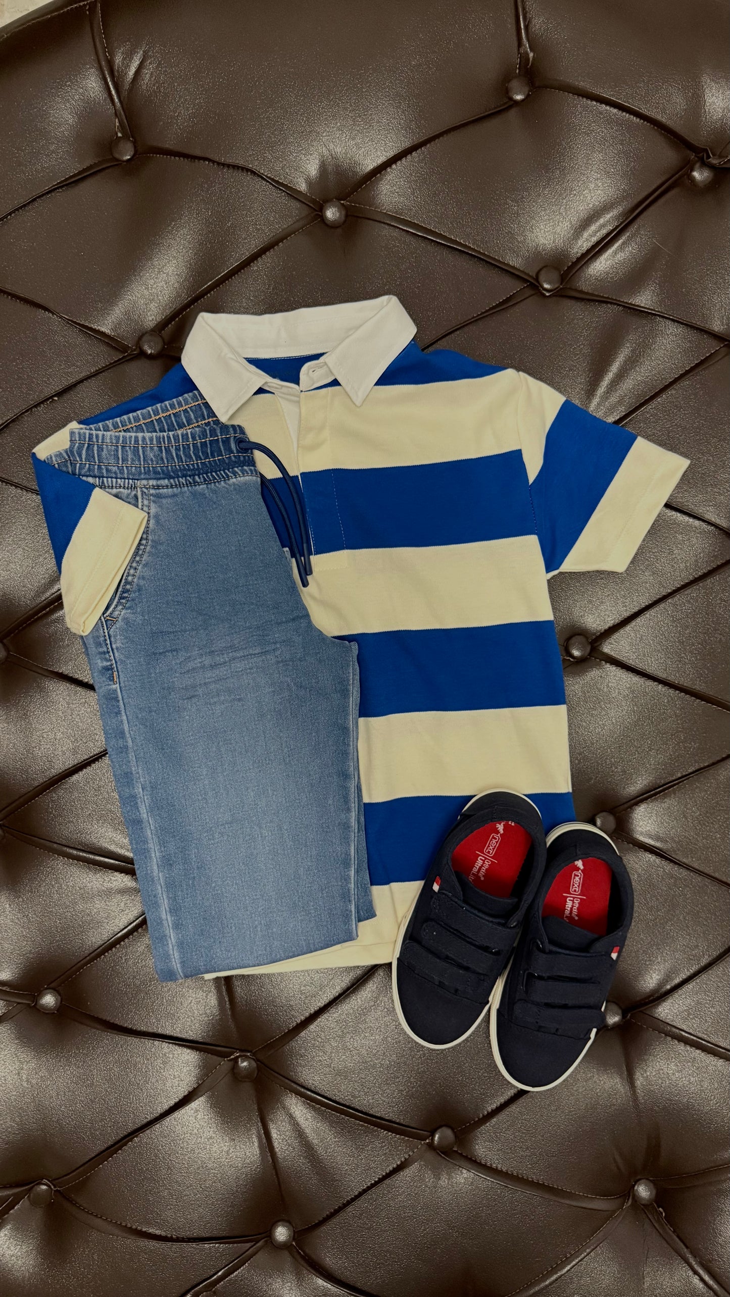 Blue & Cream Rugby Tee + Light-Wash Jogger Jeans + Next Navy Sneakers