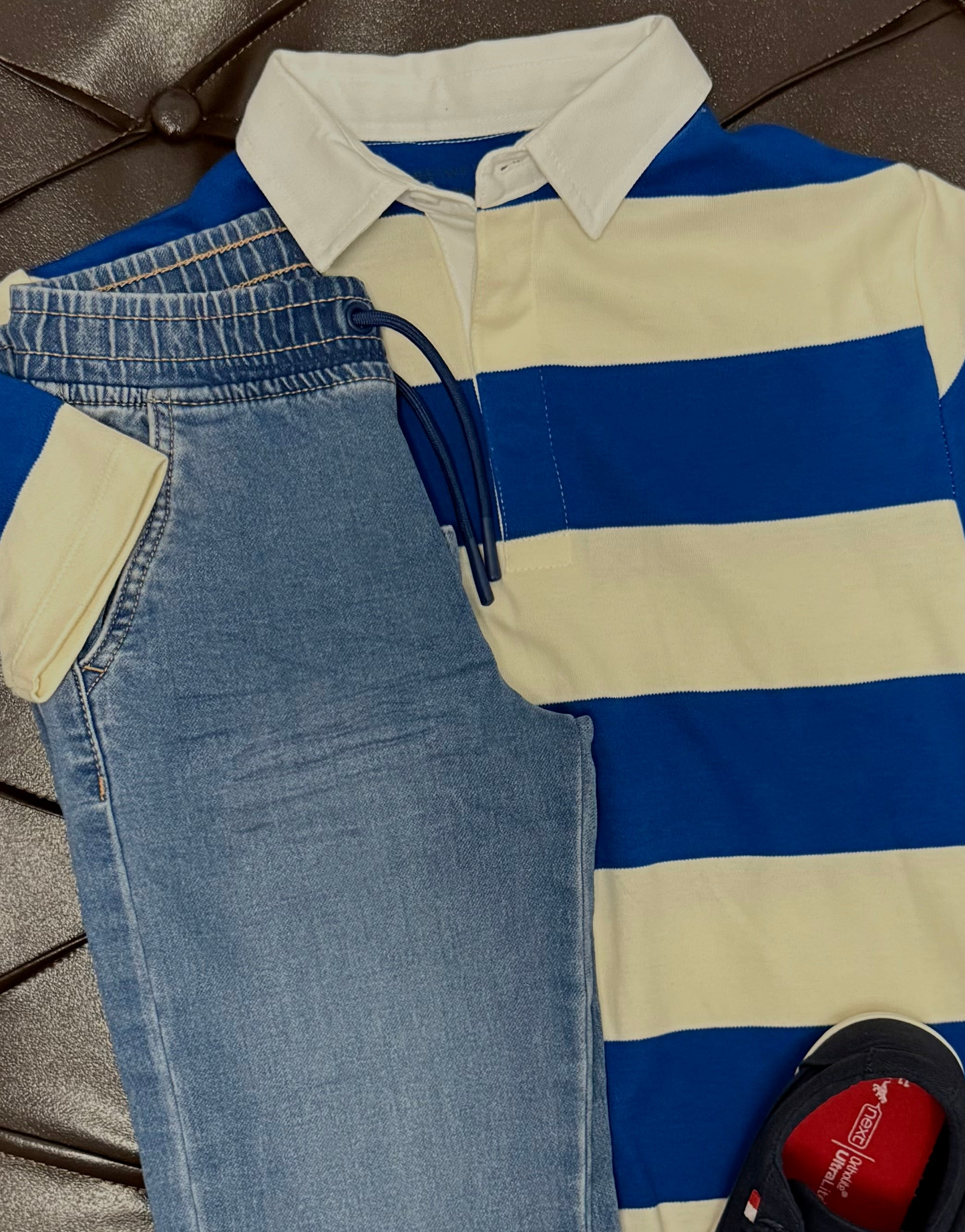 Blue & Cream Rugby Tee + Light-Wash Jogger Jeans + Next Navy Sneakers